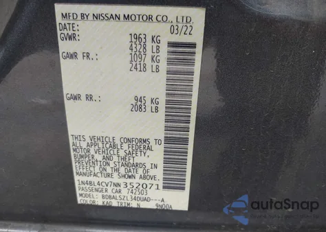 2022 Nissan Altima Sr z USA, uszkodzony, nr VIN 1N4BL4CV7NN352071